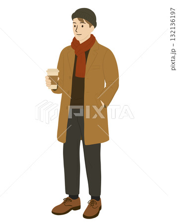 テイクアウトしたコーヒーを持った男性のイラスト テイクアウトしたコーヒーを持った男性のイラスト 132136197