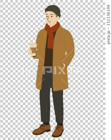 Illustration of a man holding takeaway coffee 132136199