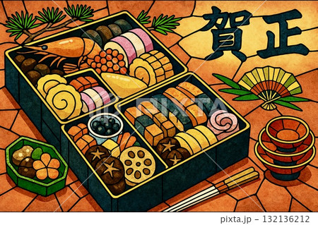 おせち料理 正月 ステンドグラス風 おせち料理 正月 ステンドグラス風 132136212