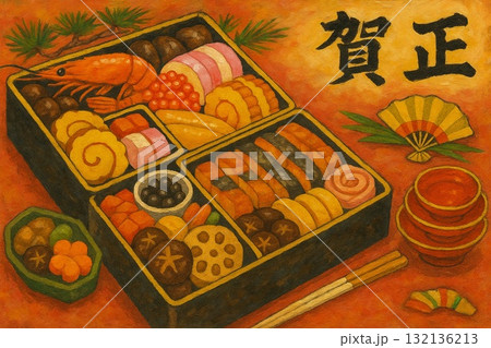おせち料理 正月 油彩画 おせち料理 正月 油彩画 132136213