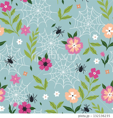 Seamless pattern with flowers and spider webs. Vector graphics. Seamless pattern with flowers and spider webs. Vector graphics. 132136235
