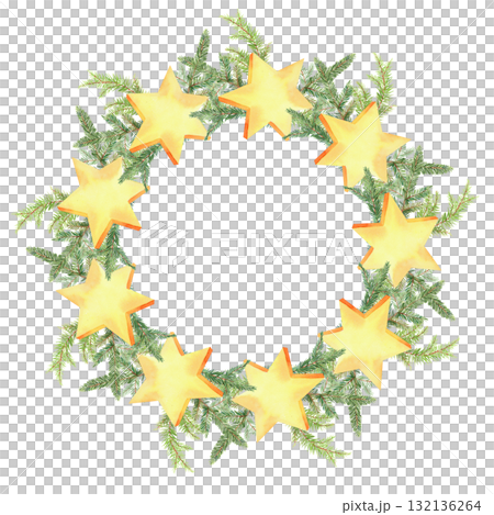 Wreath of stars and christmas tree branches. For fabric, wallpaper, packing paper, greeting cards, design, decoration and illustration. Wreath of stars and christmas tree branches. For fabric, wallpaper, packing paper, greeting cards, design, decoration and illustration. 132136264