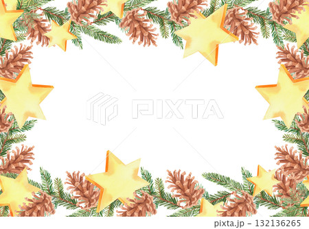 Restangular frame of a watercolor fir branches, fir cones and stars. For fabric, wallpaper, packing paper, greeting cards, design, decoration and illustration. 132136265