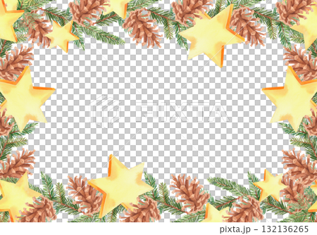 Restangular frame of a watercolor fir branches, fir cones and stars. For fabric, wallpaper, packing paper, greeting cards, design, decoration and illustration. 132136265