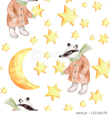 Seamless pattern of watercolor stars and badger. For fabric, wallpaper, packing paper, greeting cards, design, decoration and illustration. Seamless pattern of watercolor stars and badger. For fabric, wallpaper, packing paper, greeting cards, design, decoration and illustration. 132136270