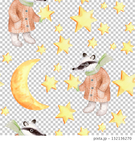 Seamless pattern of watercolor stars and badger. For fabric, wallpaper, packing paper, greeting cards, design, decoration and illustration. Seamless pattern of watercolor stars and badger. For fabric, wallpaper, packing paper, greeting cards, design, decoration and illustration. 132136270