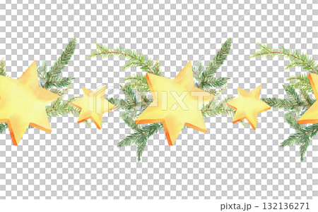 Seamless border of watercolor stars and christmas tree branches. For fabric, wallpaper, packing paper, greeting cards, design, decoration and illustration. 132136271