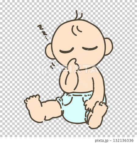 Hand-drawn illustration of a sleeping baby wearing a diaper 132136336