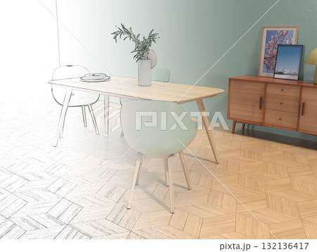 シンプルなリビングルーム、ダイニングルームのフォトリアル3Dイラスト,インテリア設計 132136417