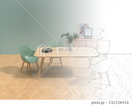 シンプルなリビングルーム、ダイニングルームのフォトリアル3Dイラスト,インテリア設計 シンプルなリビングルーム、ダイニングルームのフォトリアル3Dイラスト,インテリア設計 132136418