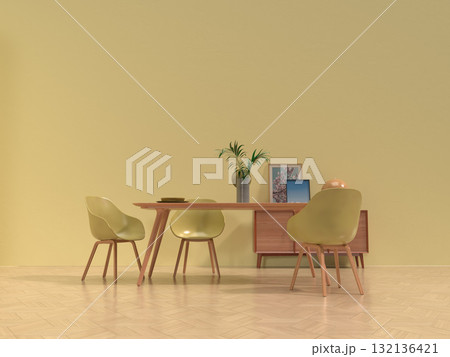 シンプルなリビングルーム、ダイニングルームのフォトリアル3Dイラスト,インテリア設計 132136421