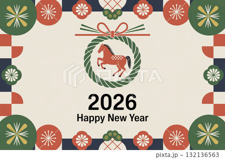 2026年 干支の馬としめ縄飾りの伝統模様入り年賀状デザイン 2026年 干支の馬としめ縄飾りの伝統模様入り年賀状デザイン 132136563
