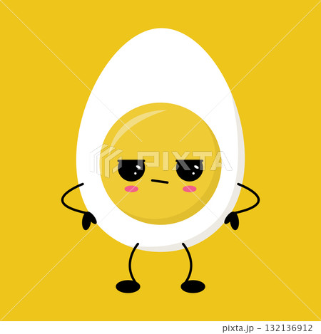 Cute cartoon egg character with an expressive face on a bright yellow background 132136912