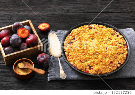 Crumb topped Plum Pie in a baking dish 132137256