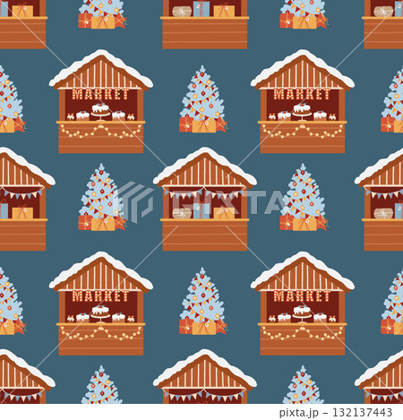 Christmas street market, flat vector seamless pattern. Winter festive decorative texture. New Years festive background with market stalls and Christmas trees, hand-drawn. Suitable for Christmas Christmas street market, flat vector seamless pattern. Winter festive decorative texture. New Years festive background with market stalls and Christmas trees, hand-drawn. Suitable for Christmas 132137443
