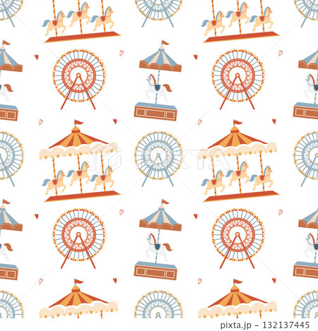 Seamless pattern with an amusement park on a light background. Carousel with horses and a Ferris wheel on a white background. Cartoon vector background with an amusement fair in a flat style. Seamless pattern with an amusement park on a light background. Carousel with horses and a Ferris wheel on a white background. Cartoon vector background with an amusement fair in a flat style. 132137445