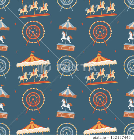 A seamless pattern with an amusement park on a dark background. A carousel with horses and a Ferris wheel on a blue background. A cartoon vector background with an amusement fair in a flat style. 132137446