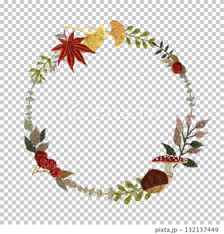 [秋季圓形植物裝飾框]手工刺繡插畫素材 132137449