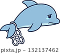 Sad cartoon dolphin stuck in plastic garbage 132137462