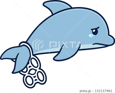 Sad cartoon dolphin stuck in plastic garbage 132137462