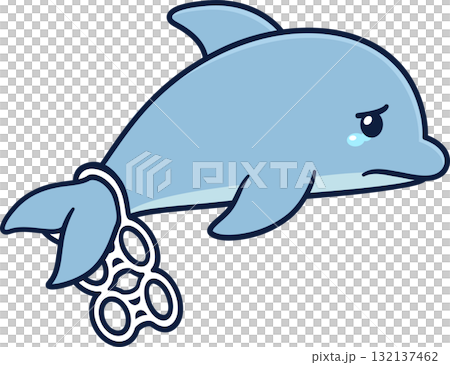 Sad cartoon dolphin stuck in plastic garbage Sad cartoon dolphin stuck in plastic garbage 132137462