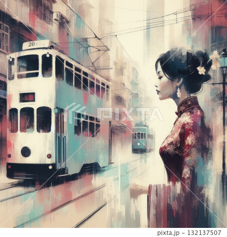 Elegant Asian Woman in Traditional Qipao Amidst Vintage Hong Kong Street Scene with Generative AI. Elegant Asian Woman in Traditional Qipao Amidst Vintage Hong Kong Street Scene with Generative AI. 132137507