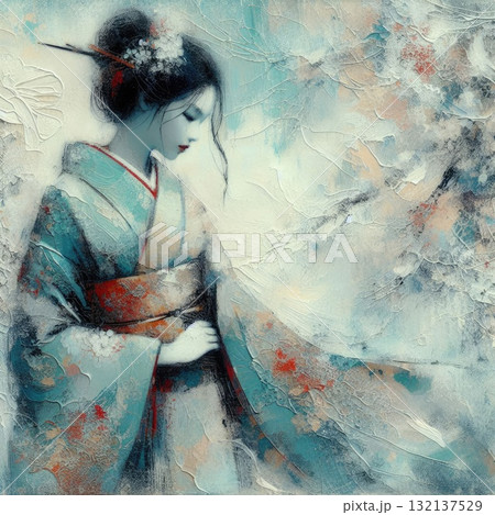 Elegant Geisha in Encaustic with Generative AI. 132137529