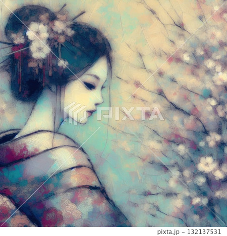 Elegant Geisha in Encaustic with Generative AI. 132137531