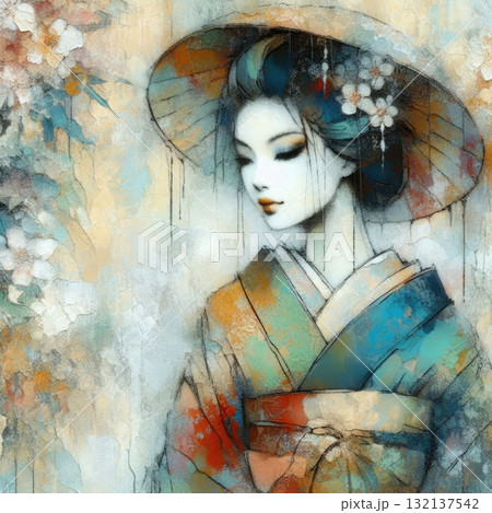 Elegant Geisha in Encaustic with Generative AI. 132137542