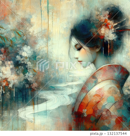 Elegant Geisha in Encaustic with Generative AI. 132137544
