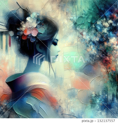 Elegant Geisha in Encaustic with Generative AI. 132137557
