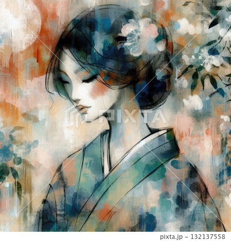 Elegant Geisha in Encaustic with Generative AI. 132137558