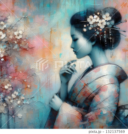 Elegant Geisha in Encaustic with Generative AI. 132137569