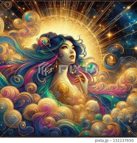 Ethereal Fantasy Goddess with Flowing Rainbow Hair in a Cosmic Sky with Generative AI. 132137650