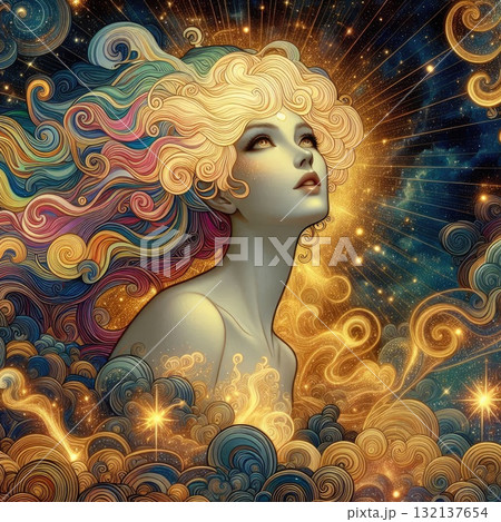 Ethereal Fantasy Goddess with Flowing Rainbow Hair in a Cosmic Sky with Generative AI. Ethereal Fantasy Goddess with Flowing Rainbow Hair in a Cosmic Sky with Generative AI. 132137654