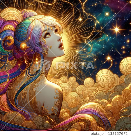 Ethereal Fantasy Goddess with Flowing Rainbow Hair in a Cosmic Sky with Generative AI. 132137672