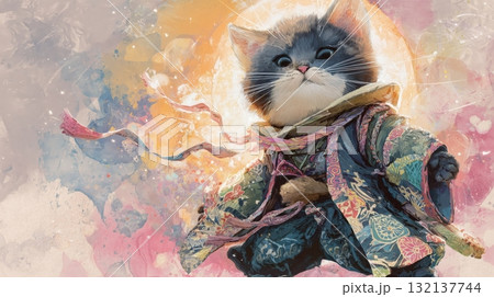 Radiant Cat Warrior in Silk Robe 132137744