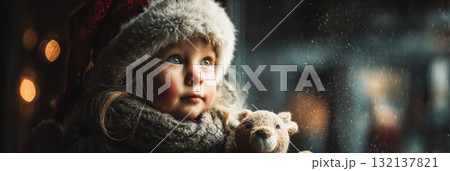 A toddler wearing a Santa hat looks in wonder at a snowy window, clutching a small stuffed reindeer in a cozy room filled with soft lights, banner A toddler wearing a Santa hat looks in wonder at a snowy window, clutching a small stuffed reindeer in a cozy room filled with soft lights, banner 132137821