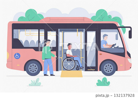 車いすユーザーがバスに乗車、スロープを使用する光景 132137928