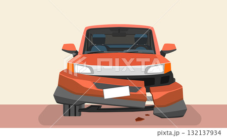 Cartoon Vector or illustration of orange car view from front car. front bumper is broken. Background of orange tone. 132137934