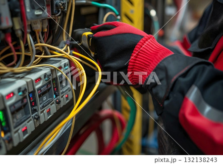An electrician diagnoses electrical equipment on a control panel. The worker's hand is gloved. A technician troubleshoots electrical wiring using a multimeter. 132138243