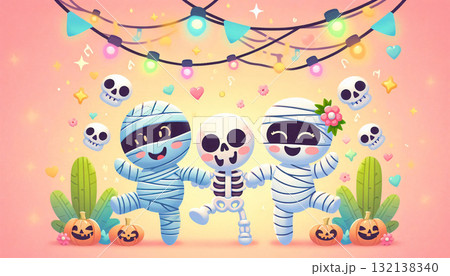 Cute mummy and skeleton dancing under pastel lights, cheerful vibe, blank area for text. Cute mummy and skeleton dancing under pastel lights, cheerful vibe, blank area for text. 132138340