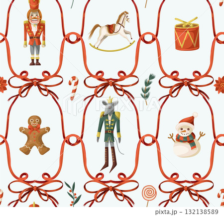 Nutcracker Christmas holiday gifts decorations toys mouse horse candy cane vector isolated pattern 132138589