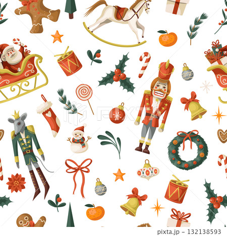 Nutcracker Christmas holiday gifts decorations toys mouse horse candy cane vector isolated pattern 132138593