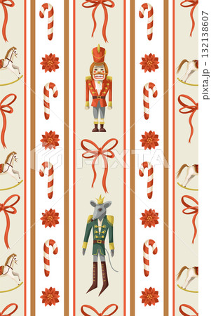 Nutcracker Christmas holiday gifts decorations toys mouse horse candy cane vector isolated pattern Nutcracker Christmas holiday gifts decorations toys mouse horse candy cane vector isolated pattern 132138607