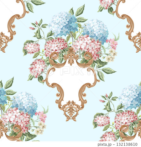 Victorian floral hydrangea baroque ornament luxury pattern vector seamless background. Victorian floral hydrangea baroque ornament luxury pattern vector seamless background. 132138610