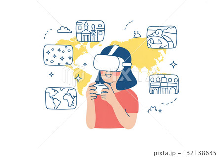仮想現実（VR）で世界旅行を楽しむ女性 132138635