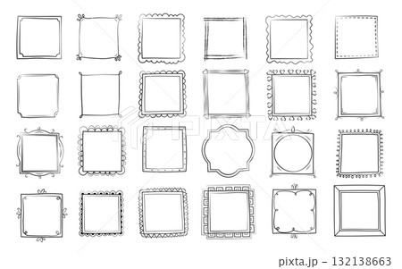 Hand drawn square frames collection, decorative doodle borders set with cute and elegant line art for stationery and invitations 132138663