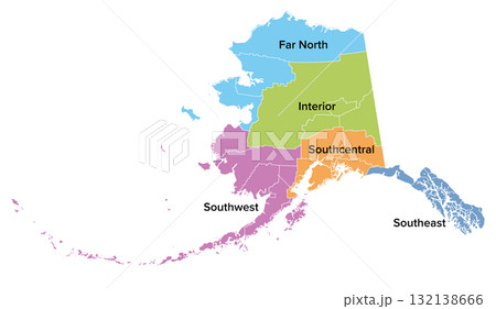 State of Alaska, regions, United States, multi colored political map. Far North or Arctic Alaska, Interior, Southwest with the Aleutian Islands, Southcentral, and Southeast or Alaska Panhandle. Vector State of Alaska, regions, United States, multi colored political map. Far North or Arctic Alaska, Interior, Southwest with the Aleutian Islands, Southcentral, and Southeast or Alaska Panhandle. Vector 132138666