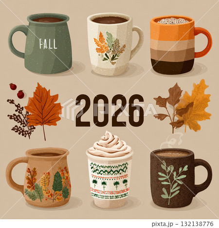 Cozy illustration of fall mugs, leaves, and coffee cups with 2026 typography. Seasonal warm drink concept for autumn and holidays. Vector illustration 132138776